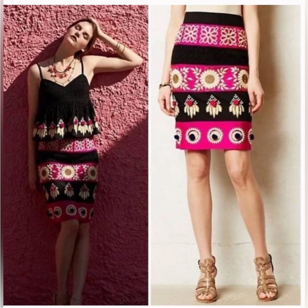 Anthropologie Black and Pink Embellished Pencil Skirt